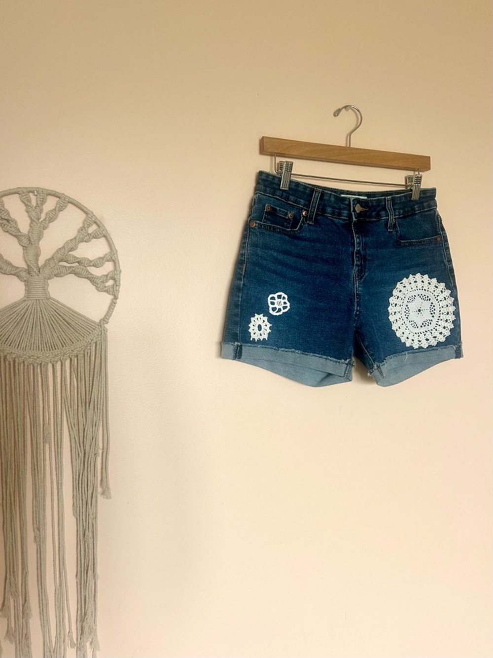 Upcycled Doily Denim Shorts